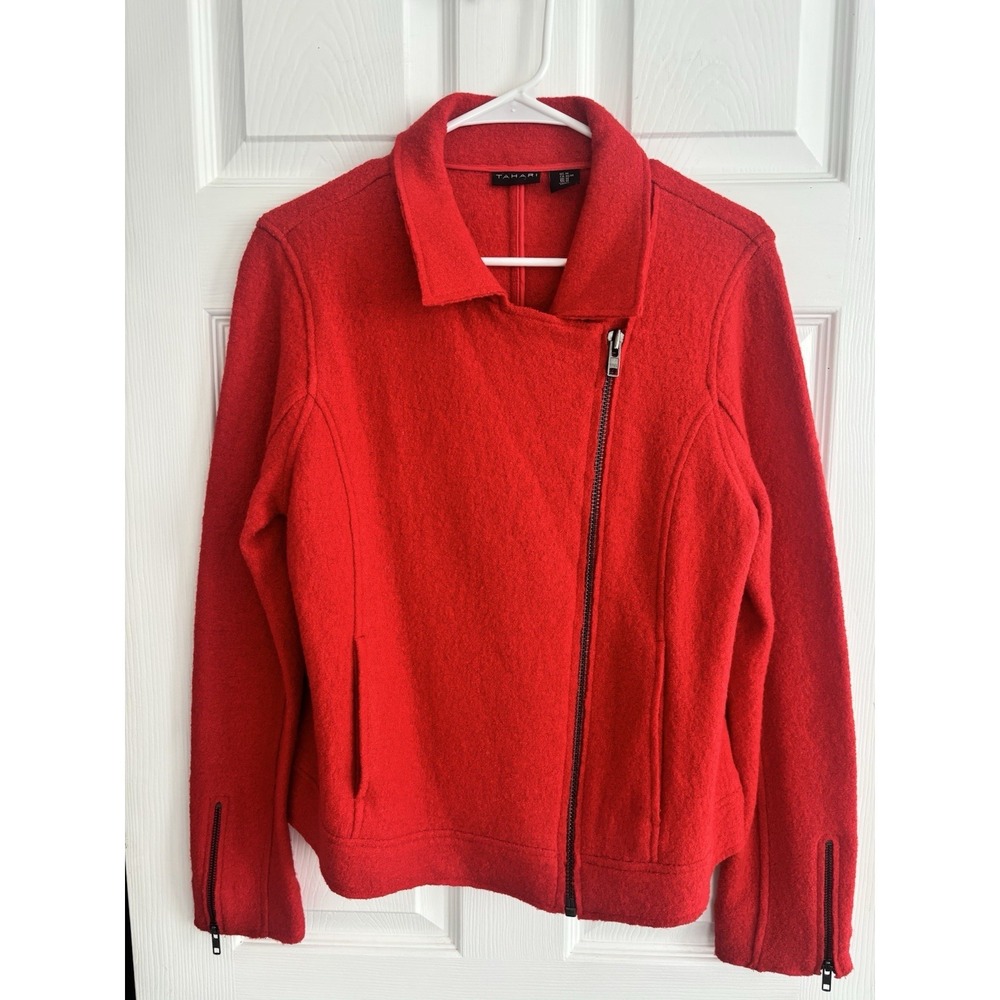 Tahari Womens Medium Moto‎ Jacket Wool Blend Asymmetrical Zip Red